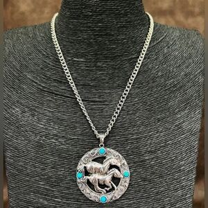 Turquoise Accented Silver Horse Necklace